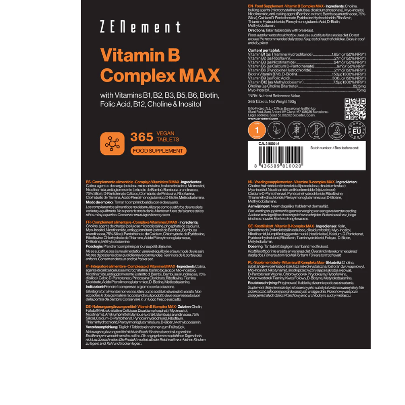 complejo vitamico b zenement 4 Complejo Vitamínico B Max|Fatiga, Metabolismo, Vegetarianos - Imagen 2