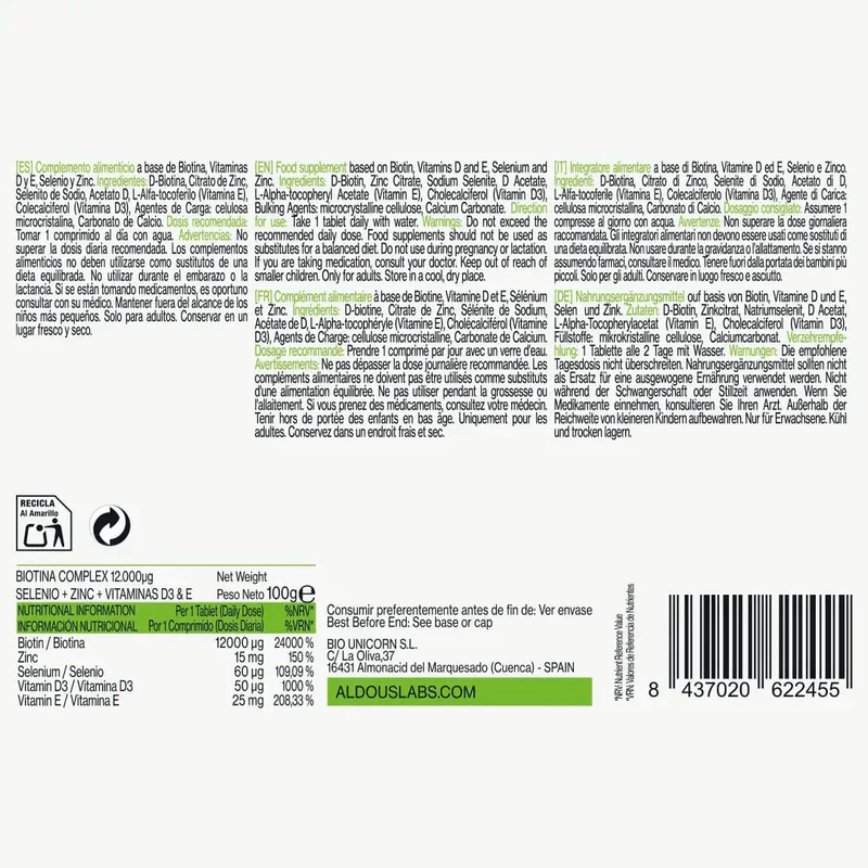 biotina aldousbio3 Biotina con Zinc, Selenio, Vitamina D3 y Vitamina E|Pelo, Piel ,Tiroides - Imagen 2