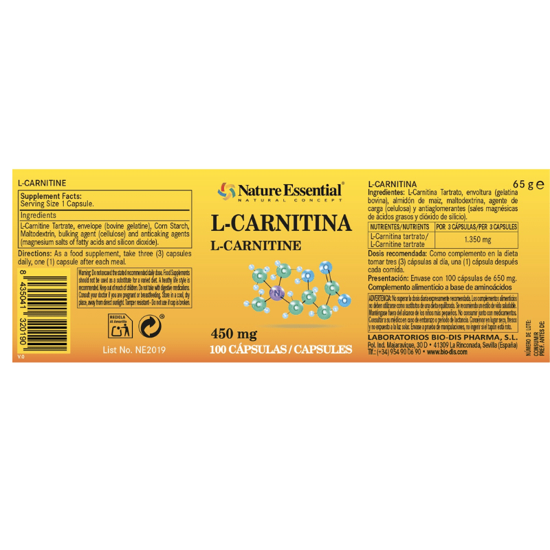 carnitina nature 2 L-Carnitina 450 mg — Nature Essential - Imagen 2